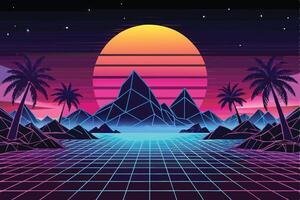 Retro Sunset Landscape With Palm Trees And Grid vector