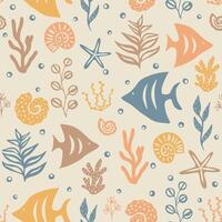 Sea bottom seamless pattern. Summer beach seaside print. Undersea world pattern with fish, starfish, shell, coral. Seashore elements design for fabrics, wallpaper vector