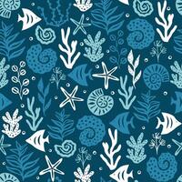 Sea bottom seamless pattern with fish, starfish, shell, coral and bubble. vector