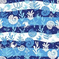 Seamless pattern with crab, starfish, shell, coral and bubble. vector