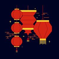 Composition of Chinese New Year red paper lanterns. Illumination bright red color. Different forms. Cartoon illustration isolated on a dark background. vector