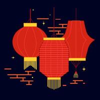colorful lanterns of Mid Autumn Festival. China red lanterns at night cartoon composition. Flat modern composition of colorful paper lanterns vector