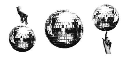 Shiny disco balls and halftone hands collage illustration with dotted stipple effect. Set of trendy modern retro elements with grainy dirty photocopy texture isolated on transparent background vector
