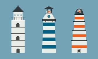 Sea navigation lighthouse towers set. Flat illustration isolated on blue background. Light tower, seaside architecture. Marine navigation lighthouses collection. vector