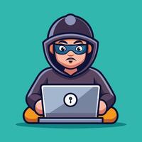 Hacker Operating A Laptop Cartoon Icon Illustration. Technology Icon Concept Isolated . Flat Cartoon Style vector