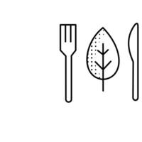 A fork, knife and leaf are shown in a line drawing vector