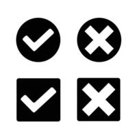 Black white check and cross marks. Black white cross mark icon set. Round check and cross mark icon. Square Check and cross mark icon. vector
