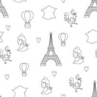 France symbols black and white seamless pattern. Repeating line background with Eiffel tower, Marianne, map, tricolor hot air balloon. Cute Paris digital paper or coloring page vector