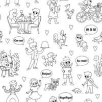 black and white seamless pattern with people of France. Repeating line background with French men, animals, phrases. Cute Paris digital paper or coloring page with cockerel, mime, cook vector