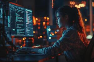 Young female programmer working on code in dark room with multiple screens photo