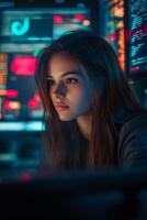 Young female programmer working on code in dark room with multiple screens photo