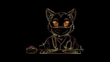 Neon frame effect, cat dressed as a veterinarian on black background video