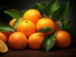 A bunch of oranges on a table with a slice of lemon photo