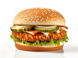 A chicken sandwich with lettuce and pickles on it photo