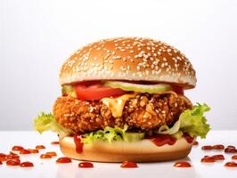 A burger with ketchup and tomatoes on top photo