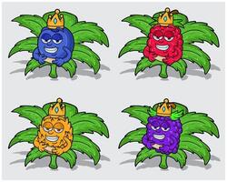 Cartoon Characters of Blueberry, Raspberry, Pineapple and Grape With Crown in Herbal Leaves vector