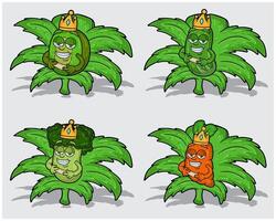 Cartoon Characters of Kiwi, Cucumber, Broccoli and Carrot With Crown in Herbal Leaves vector