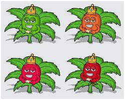 Cartoon Characters of Green Apple, Peach, Cranberry and Pomegranate With Crown in Herbal Leaves vector
