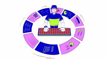 Data analytics business reports doodle animation. Key performance indicators analysis 4K motion graphic. Computer analyst typing keyboard animated 2D flat cartoon concept, white background video