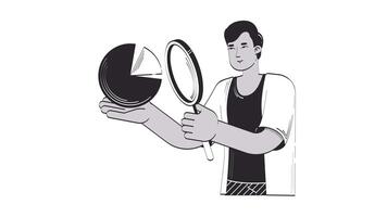 Data analyst magnifying glass doodle outline animation. Indian man with loupe holding chart 4K motion graphic. Strategy planning statistician animated sketch 2D concept isolated on white video