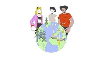 Building renewable planet 2D animation. Planting trees forest 4K motion graphic. Wind farm solar panels. Diverse environmentalists animated characters cartoon flat concept, white background video