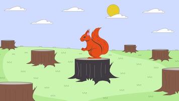 Deforestation environmental issues cartoon animation. Endangered rodent. Illegal logging. Forest destruction 4K 2D motion graphic. Squirrel lost habitat animated character on stumps background video