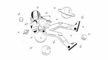 Helmet astronaut floating in space doodle outline animation. Spaceman universe exploration 4K motion graphic. Cosmonaut surrounded by cosmic planets animated sketch 2D concept isolated on white video