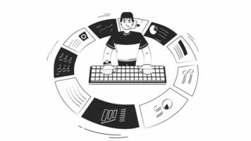 Data analytics business reports doodle outline animation. Key performance indicators analysis 4K motion graphic. Computer analyst typing keyboard animated sketch 2D concept isolated on white video