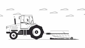 Black farmer riding tractor plowing field doodle linear animation. Agriculture 4K motion graphic. Countryman tractorist farm worker animated 2D outline character sketch isolated on white video