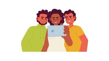 Watching together cartoon animation. Happy friendship habits 4K motion graphic. Smiling multiethnic friends with smartphone animated 2D characters isolated on white background video