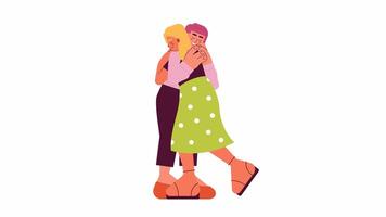 Hugging friends cartoon animation. Expressing care and support in relationship 4K motion graphic. Multiethnic young women embracing animated 2D characters isolated on white background video