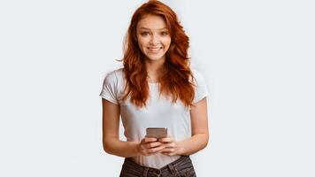 Happy Millennial Girl Using Smartphone Mobile Application Smiling To Camera Standing Over White Studio Background. Panorama photo