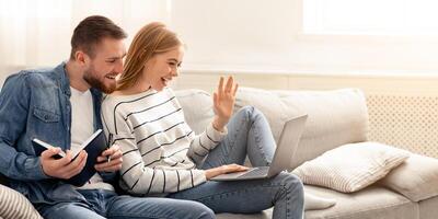 Quarantine communication. Self-isolated family talking with friends with online call, empty space photo