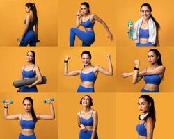 A young woman is captured in various dynamic fitness poses, displaying strength and enthusiasm while dressed in blue workout attire. The bright yellow background enhances her active energy. photo