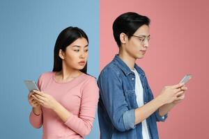 Asian girl spying on her boyfriend while he using mobile phone, trust in relationships photo