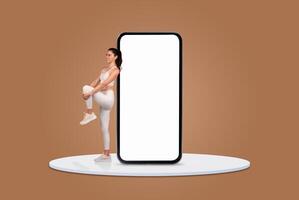 A woman performs a high-knee exercise while standing next to a large, blank smartphone display. The scene features a warm, neutral background that emphasizes her active pose. photo