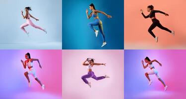 Athletic models in stylish activewear are captured mid-jump against colorful backdrops. Each model demonstrates energy and form, highlighting the versatility of modern fitness clothing. photo
