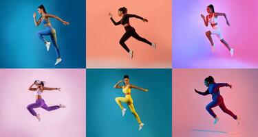 A group of athletes in colorful activewear perform dynamic jumping poses against various bright backgrounds. The energy and movement highlight athleticism and style in fitness. photo