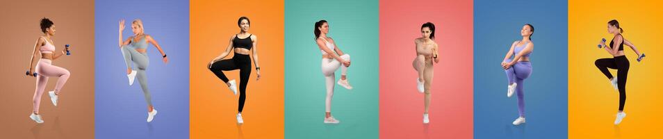 A group of women engages in diverse fitness activities, showcasing enthusiasm and energy while dressed in vibrant workout clothes against colorful backgrounds, promoting health and movement. photo