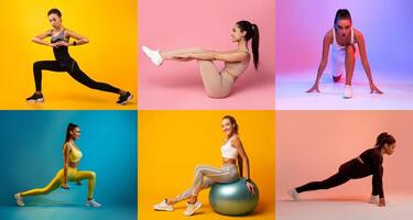 Diverse women demonstrate various fitness exercises in vibrant settings, highlighting lunges, seated workouts, and weights, reflecting an energetic and active lifestyle through diverse movements. photo