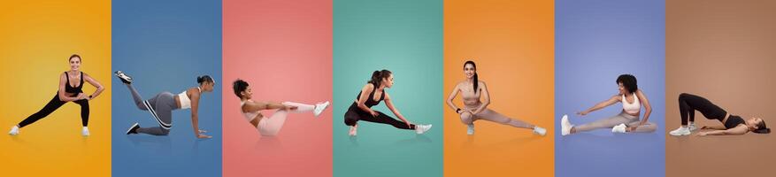 A group of women is engaged in different stretching exercises against vibrant backgrounds. They showcase flexibility and strength through various movements, highlighting fitness routines. photo