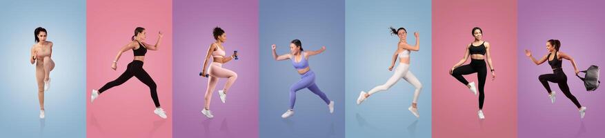 A woman is captured in motion while performing multiple sports activities. She transitions between running, weightlifting, and other fitness exercises, showcasing energy and strength. photo