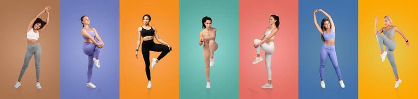 A group of women engages in diverse workout poses, showcasing different fitness routines and styles. The vibrant backgrounds enhance the energetic atmosphere of the activity. photo