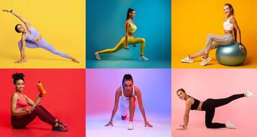 Six women engage in different workout routines, showcasing yoga, strength training, and stability ball exercises in vibrant, colorful settings. Each pose highlights fitness and wellness. photo
