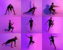Black guy engages in various fitness exercises using virtual reality equipment under vibrant purple and pink lighting. The workout showcases a mix of movements, emphasizing strength and agility. photo
