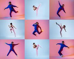 A young dancer showcases a variety of energetic poses against a vibrant backdrop, capturing the spirit of movement and creativity during a dance session. photo