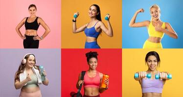 A lively display of six women engaged in fitness activities, showcasing strength and wellness. Each woman is in a different colored outfit, holding weights against vibrant backgrounds. photo