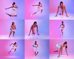 A woman engages in various athletic movements in a brightly lit studio. Colorful background gradients highlight her energetic exercises, emphasizing strength and agility distinctly. photo