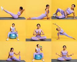 A fitness enthusiast showcases multiple workout routines, including stretching, strength training, and relaxation poses, set against a bright yellow background in a studio. photo