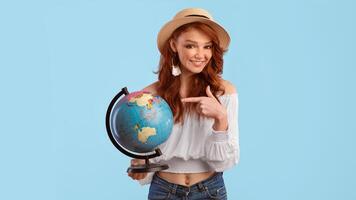 Planning Travel. Tourist Girl Holding World Globe Pointing Finger Standing Over Pink Studio Background. Panorama photo